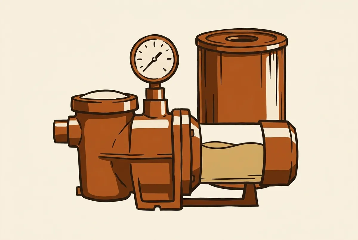 Line illustration of pool equipment: a pump housing, a cartridge filter, and a pressure gauge.