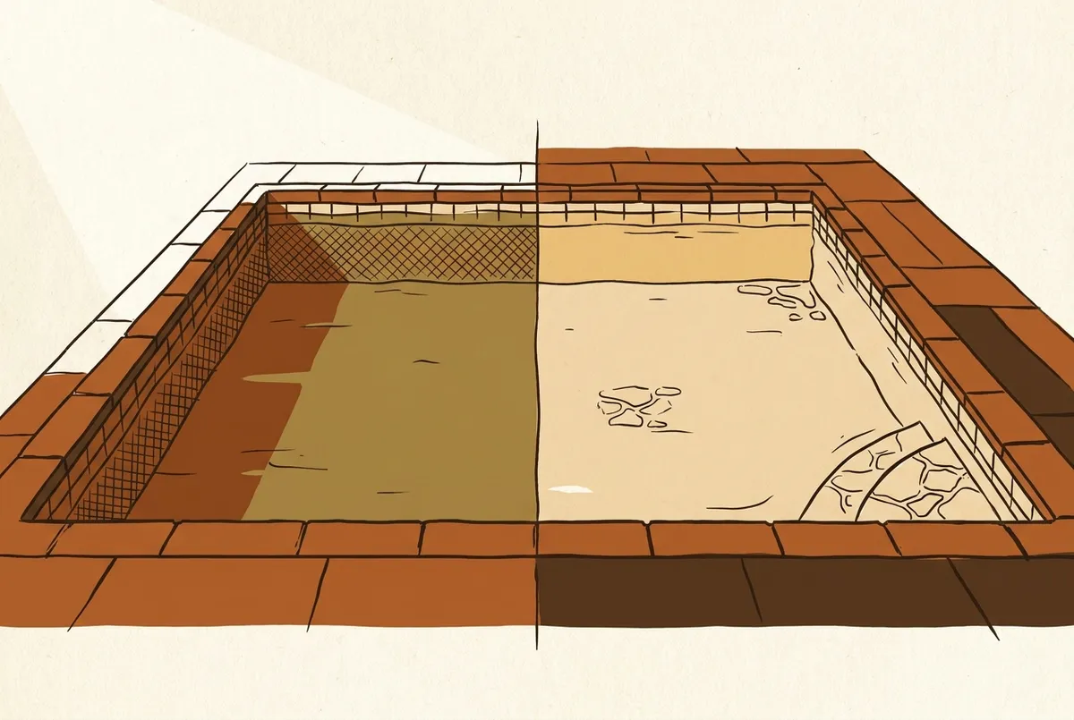 Illustrated pool frame split down the centre: murky green water on one side turning clear on the other, the same coping and deck continuing across both.